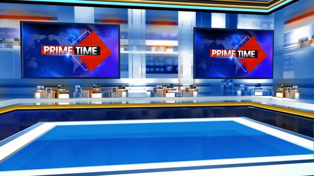 Modern News Studio with Large Screens Displaying Prime Time.