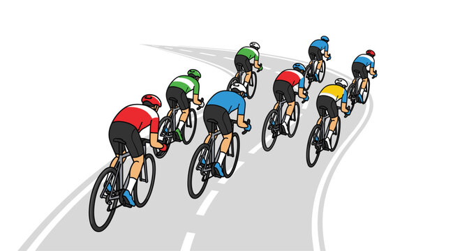 A group of professional cyclists in colorful jerseys rides in a single file line on a grey curved road against a bright white background in this graphic art.