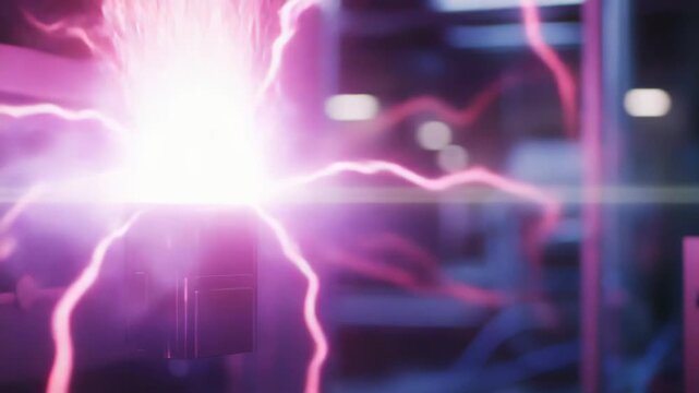 Futuristic device releasing powerful purple electric energy and glowing light creating a dynamic and electrifying scene, representing innovation in technology and concept of power transfer