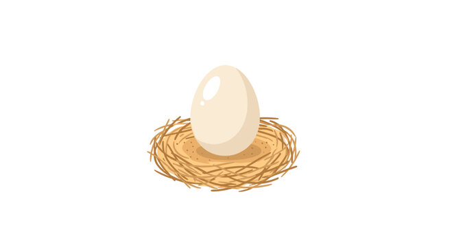 A single smooth off-white bird egg is cradled inside a woven circular twig nest centered against a clean and bright minimalist white background environment for nature concepts.
