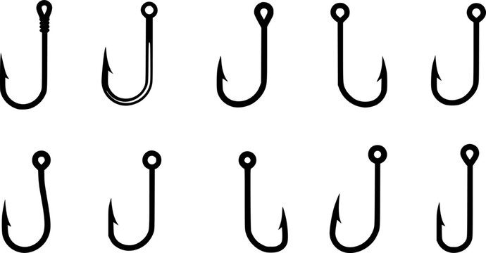 Minimalist black fishing hook silhouette symbol isolated on white background
