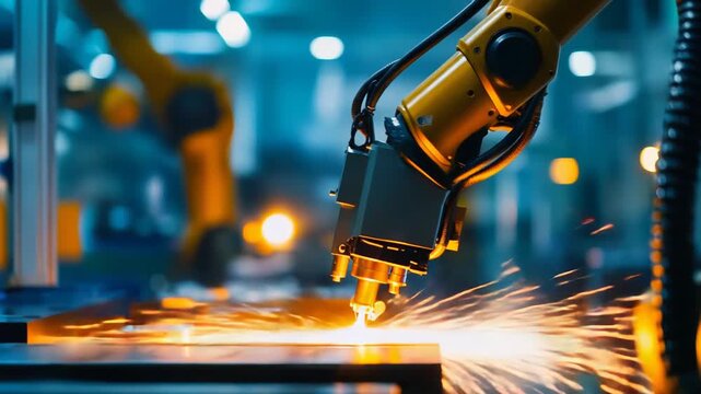 Robotic arm cutting metal with a focused laser beam, bright sparks flying as automated precision manufacturing showcases advanced industry 4.0 technology in a smart factory setting