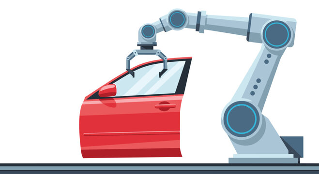 A high-precision industrial robotic arm manipulates a single bright red car door component during an automated manufacturing process on a plain white background.