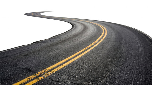 Asphalt road with yellow double lines curving into the distance isolated on transparent background