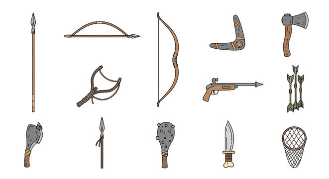 Primitive Weapons Collection: Bow, Arrow, Spear, Axe, Slingshot, Boomerang, Knife