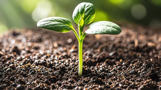 Time-lapse of a small green plant seedling sprouting and emerging from dark soil into the sunlight