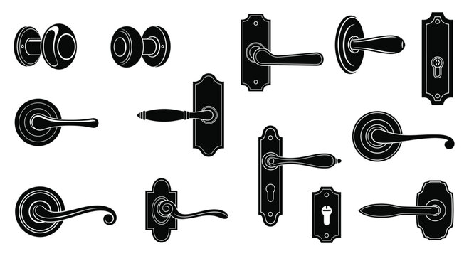 Various black silhouette door handles and spherical knobs are organized in a grid formation on a clean white background with high contrast monochrome aesthetic.