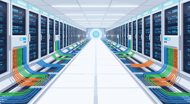 Data center server hall featuring parallel racks and organized network cabling extending towards a bright futuristic light source centered in the hallway architecture.