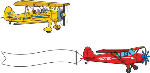 Illustration Set of Biplanes with Banner, Vintage Aircraft with Propellers for Websites, Apps, and Digital Media Designs © Sanjida