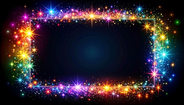 Sparkling rectangular frame against a dark backdrop filled with colorful twinkling lights and small particles