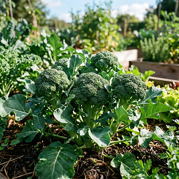 Fresh green broccoli on a farm with blue sky background illustration