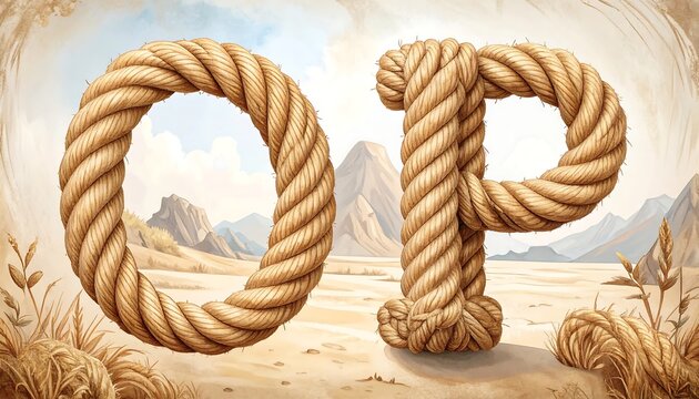 Rope letters "O" and "P" form word art, with a desert background and wheat in the foreground