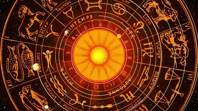Astrology wheel with zodiac signs and glowing center.