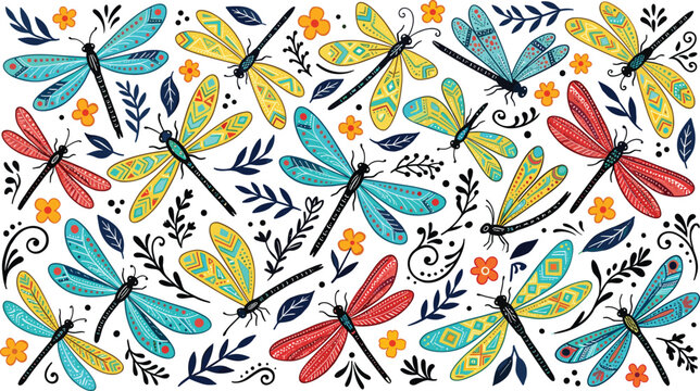 Elegant Dragonfly Seamless Pattern Vector Featuring Colorful Tribal Style Insects with Ornate Wing Details and Botanical Floral Elements for Textile and Wallpaper Designs