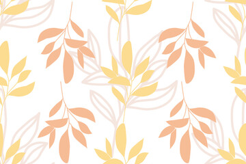 Fototapeta premium Minimalist Soft Yellow and Apricot Leaves Seamless Vector Pattern with Layered Outlines. 