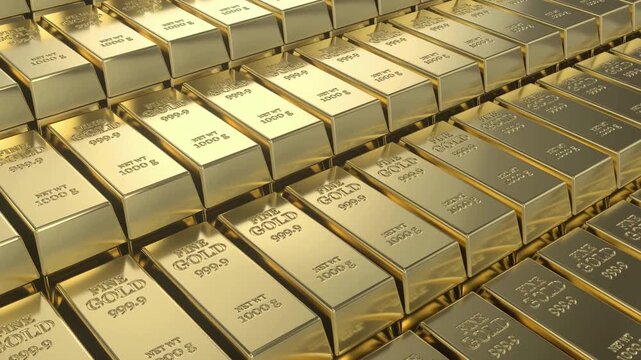 Gold bars stacked in rows, representing wealth and investment.