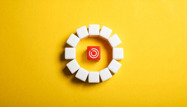 Red cube with white spiral design on face, positioned on bright yellow background, semi-circle of small white blocks arranged beside it, minimalistic composition emphasizing contrast and geometric sym