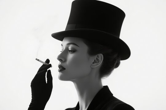 Black and white portrait of a woman in a top hat smoking a cigarette, wearing gloves and looking to the side