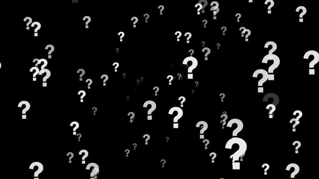 Question marks floating on a black background.