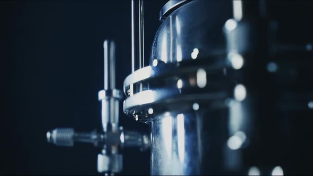 Industrial metal equipment shows the complex connection of pipes and mechanisms, highlighting precision engineering and advanced technology in a dark, mysterious background