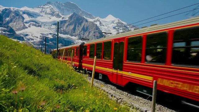 Red train travels through green mountain landscape with snow-capped peaks.