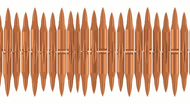 Rifle Ammunition Row, Copper Bullets Reflecting on White Background