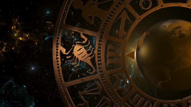 Zodiac wheel spinning with various astrological signs appearing, representing horoscopes and destiny.