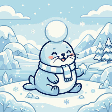 Cute cartoon seal in scarf winter.