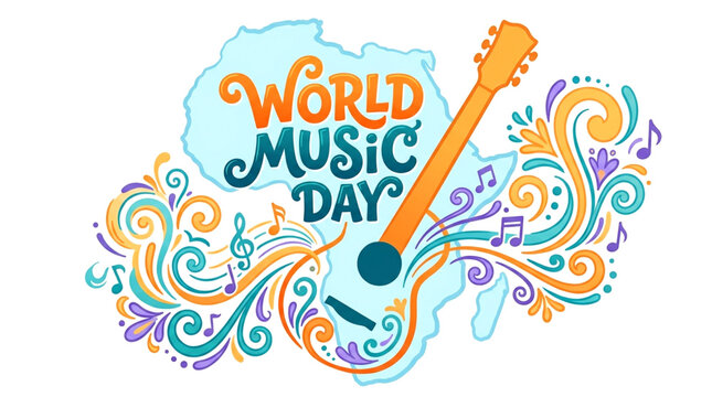 Artistic vector graphic celebrating World Music Day, featuring the African map intertwined with a guitar and swirling musical motifs, representing unity through sound