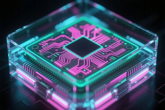 Transparent electronic chip with glowing circuitry and neon lighting