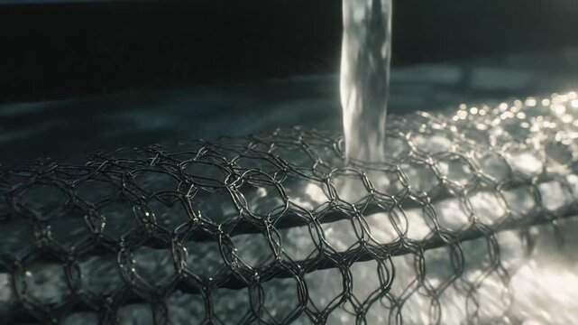 Water pouring onto a metallic mesh surface during an industrial cleaning or cooling process, creating splashes and a glistening texture in a factory environment