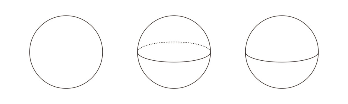 シンプルな球体のベクターイラストセット。数学の図形や体積問題用の図解素材