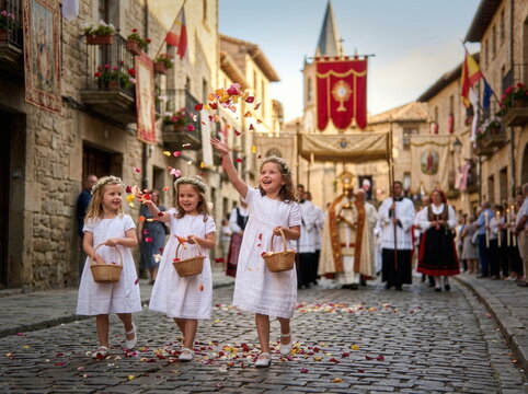 Poch&oacute;d na Boże Ciało, Sypanie kwiatami, uliczna procesja, 