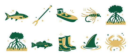 Obraz premium Fishing Icons Set Flat Vector, Coastal Marine Wildlife and Angling Equipment Graphics, Mangrove Trees and Fishing Gear Symbols for Outdoor Sport, Flat Minimalist Illustration Design Elements Collectio