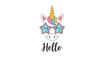 Fototapeta premium Cute unicorn head wearing colorful star shaped sunglasses and a yellow horn with the word hello written below.