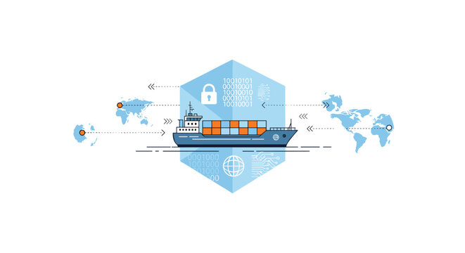 A cargo ship carrying shipping containers is positioned within a glowing blue hexagonal border featuring security padlock icons and data code against a white background.