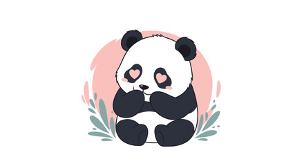 Naklejka premium Adorable panda character with pink heart shaped eyes sitting in front of a colorful pink and green circular background.