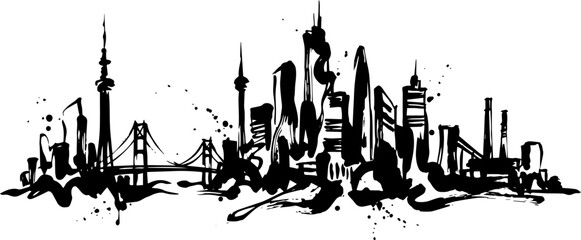 Fototapeta premium Abstract black ink brush strokes forming a city skyline with bridges