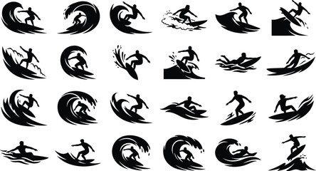 Surfer riding various ocean waves illustration isolated on white background, Vector © RUMA AKTHER