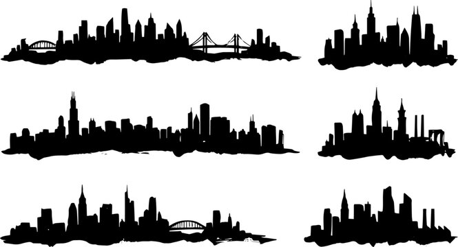 Collection of diverse city skylines with architectural styles and bridges
