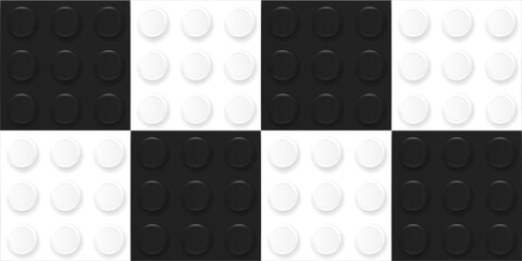 Obraz premium Square checkered chessboard style background made with realistic black and white plastik constructor blocks. Play and build concept. Vector illustration