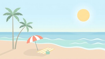 Fototapeta premium Serene Beach Scene - Palm Trees, Ocean, Sun, and Relaxation Under the Umbrella.