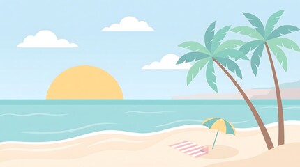 Obraz premium Serene Beach Sunset - Palm Trees, Ocean Waves, and Sandy Shoreline Under a Clear Sky.
