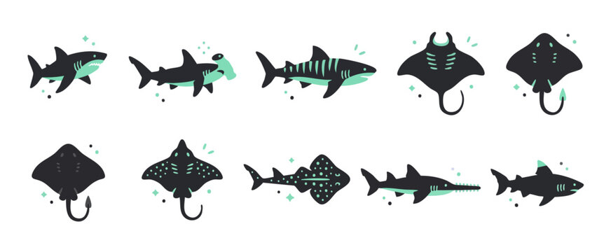 Sharks and Rays Set, Flat Vector Sea Creatures Collection, Ocean Life Icons for Marine Design, Underwater Animals Illustration Pack, Minimalist Aquatic Species Set for Education and Graphic Projects