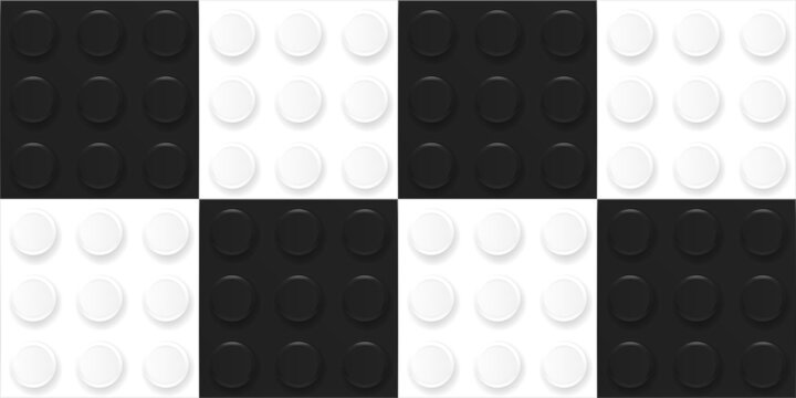 Square checkered chessboard style background made with realistic black and white plastik constructor blocks. Play and build concept. Vector illustration