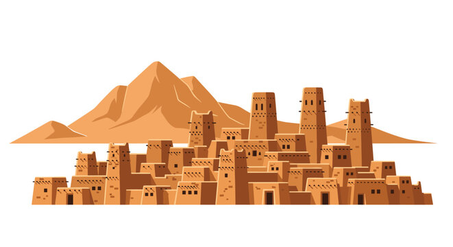 A series of traditional mud-brick structures featuring tall towers stands prominently against a simple desert landscape under a warm beige color palette and flat lighting.