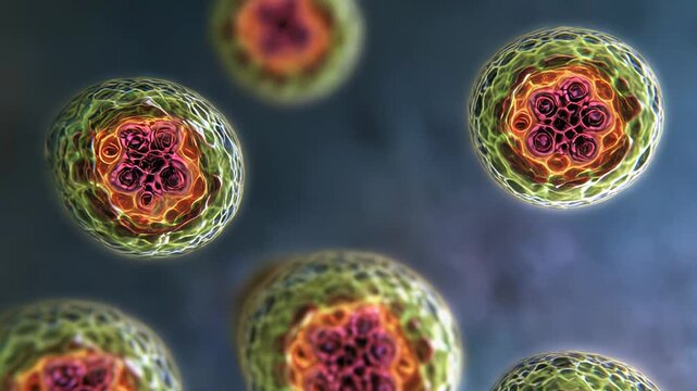 Pathogens infecting and replicating within human cells, representing an abstract biological concept of viral infection, disease, and medical research in microscopy and science