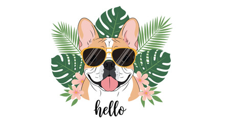 Fototapeta premium Cool French bulldog wearing stylish sunglasses surrounded by green monstera and palm leaves with pink flowers.