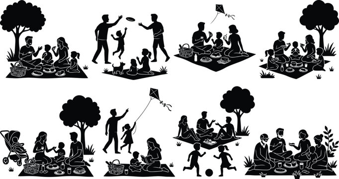 Family enjoying outdoor picnic activities together isolated on white background, Vector
