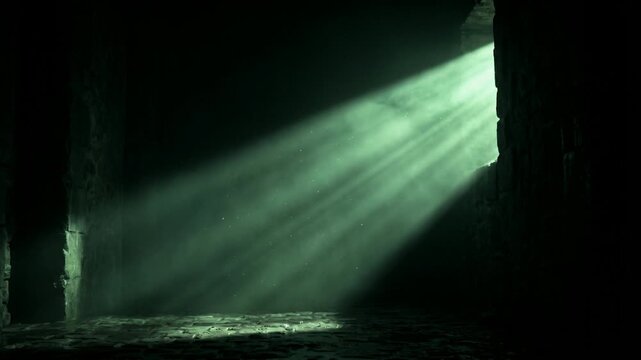 Green Volumetric Light Beam with Drifting Mist in Dark Stone Chamber